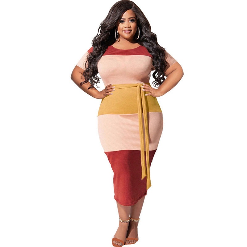 Round Neck Women Midi Long Dress Short Sleeve Round Neck Colorblock Belted Package Hip Ribbed Nightclub Party Sundress  Red XL | Fruugo SG