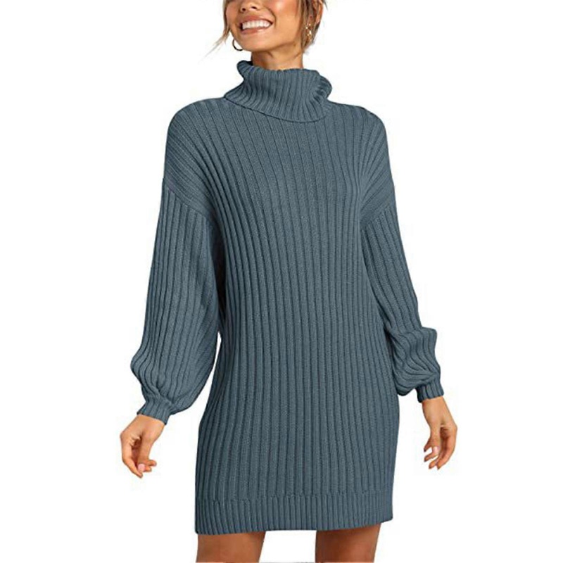 Sweater Dresses High Collar Long Lantern Sleeves Pullover Casual Loose Dress for Women Haze Blue S_-sy_-sy | Fruugo SG
