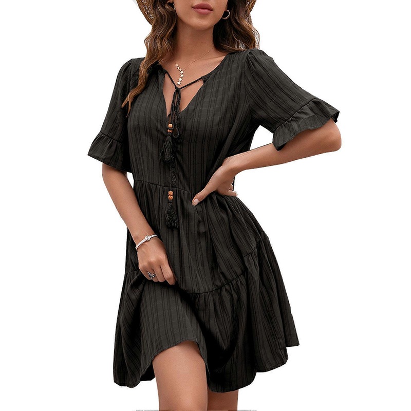 V Neck Ruffle Sleeve Dress Women Fashionable Loose Casual Collar Tie Button Short Sleeved Dress Black M_-sy_-sy | Fruugo SG