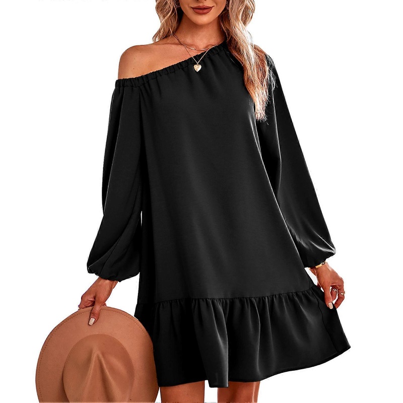 Winter Long Sleeve Off Shoulder Dress Pure Color Splicing Lace Hem Women Casual Dress for Autumn Black S_-sy_-sy | Fruugo SG