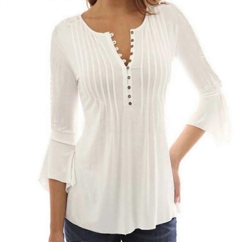 Women's Blouse Casual Trumpet Sleeves Tops V Neck Shirts Botton Solid Color Dress | Fruugo SG