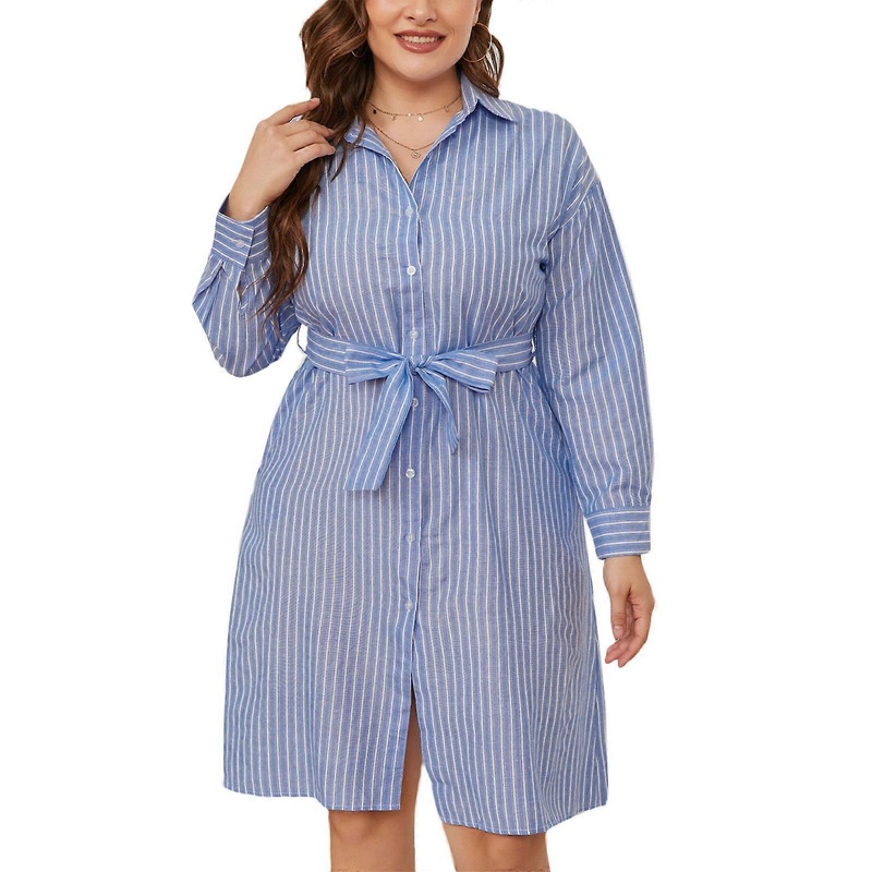 Women Long Sleeve Lapel Button Down Stiped Tie Waist Loose Midi Long Shirt Dress  L | Fruugo SG