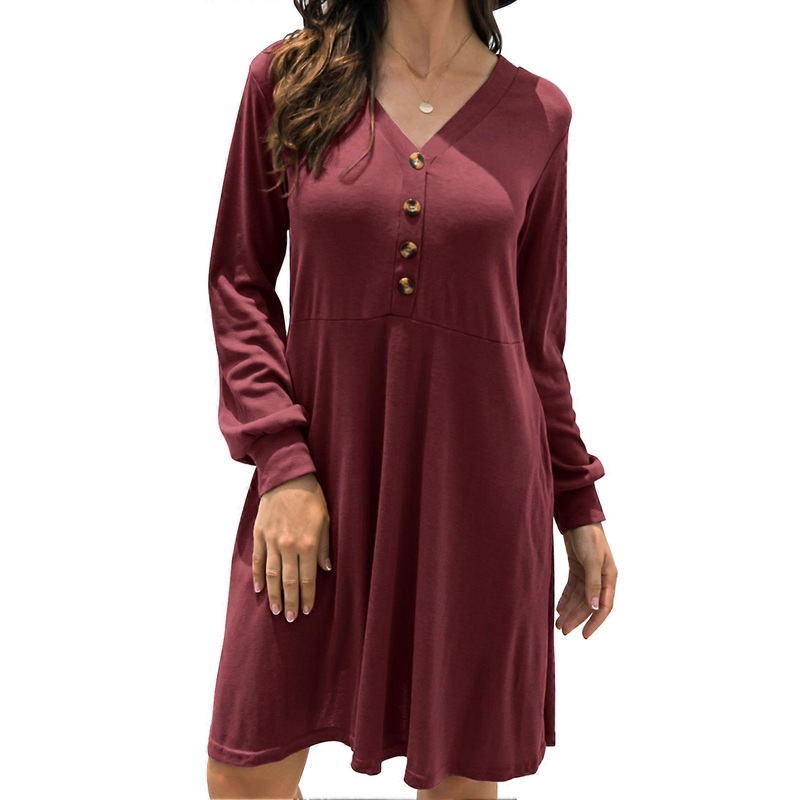 Women Loose Dress Button Front V Neck High Waist Long Lantern Sleeve Casual Fall Dress Wine Red S_-sy_-sy | Fruugo SG