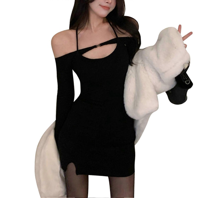 Women Off Shoulder Short Dress Hollow Out Neckline Long Sleeves Halter Neck Hip Wrap Dress | Fruugo SG