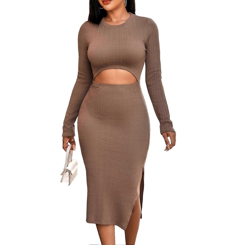 Women’s Long Dress Elegant Pure Color Round Collar Open Fork Hem Navel Exposed Long Sleeve Knitted Dress for Autumn and Winter Khaki S_-sy_-sy | Fruugo SG