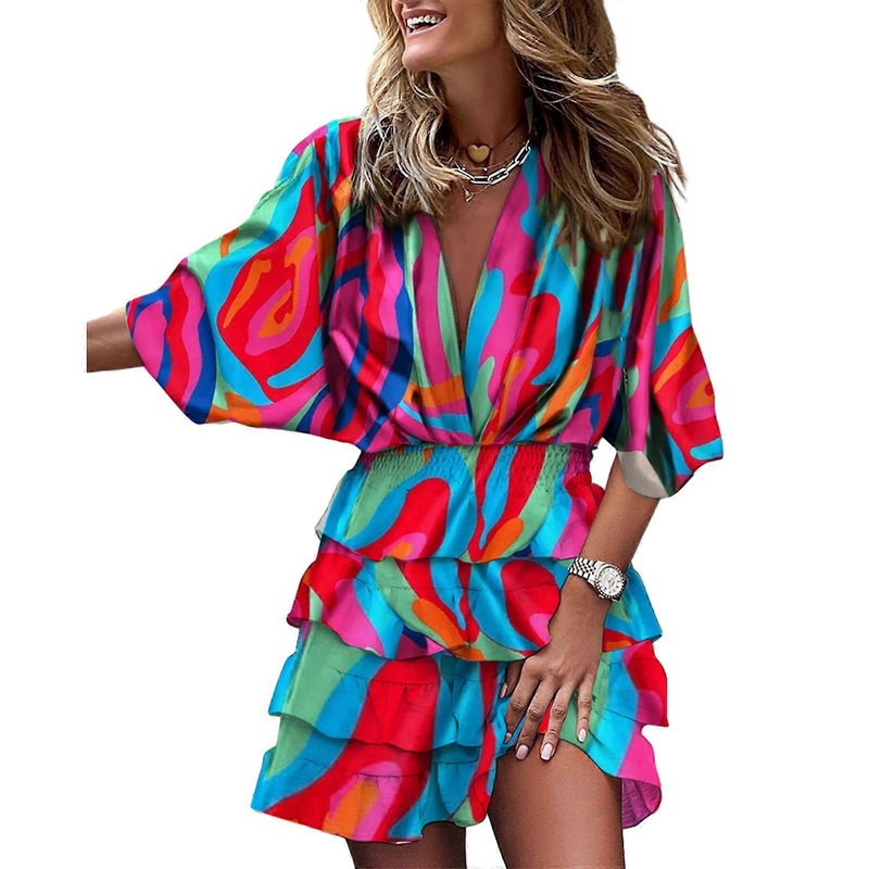 Women Summer Floral Print Mini Short Dress Bohemian Casual Flowy Swing Dresses Sexy V Neck Elastic Waist A Line Dress  XL | Fruugo SG