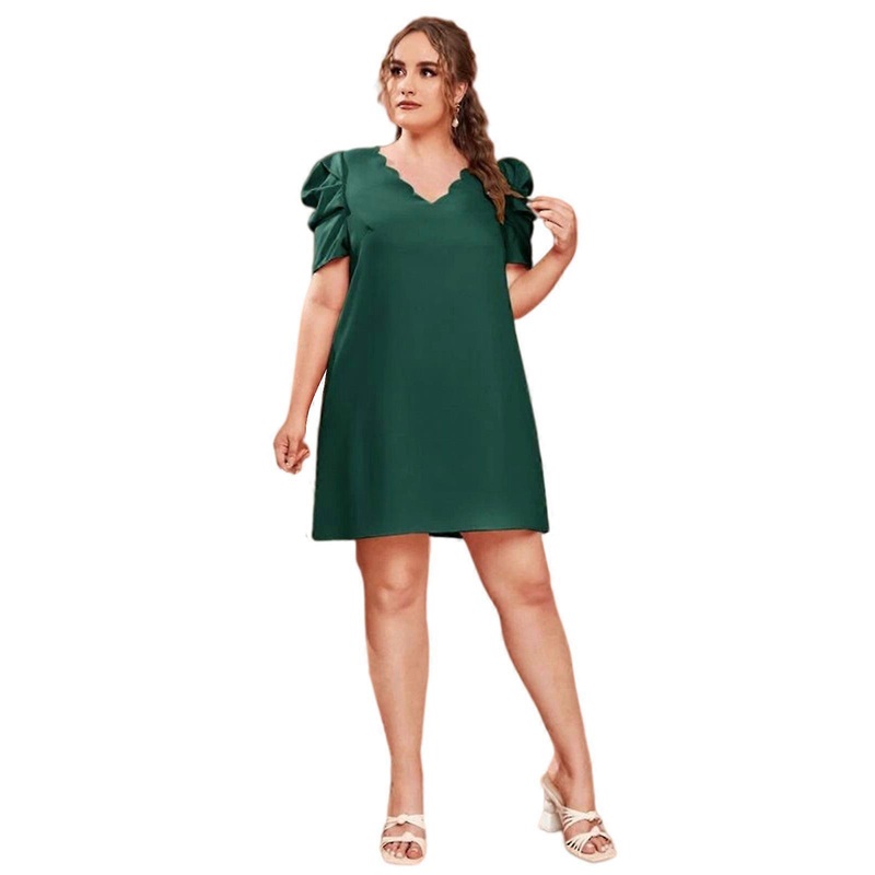 Women Summer Ruched Puff Short Sleeve Midi Tunic Dress Sexy Scalloped Trim V-Neck Solid Color Loose A-Line Clubwear  Green XL | Fruugo SG