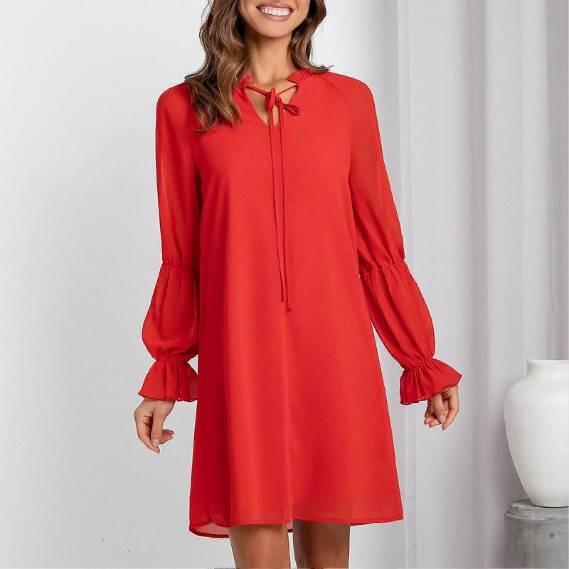Women Tie Neck Dress Ruffled Long Sleeves V Neck Straight Swing Midi Dress for Parties Work Shopping Orange M_-sy_-sy | Fruugo SG