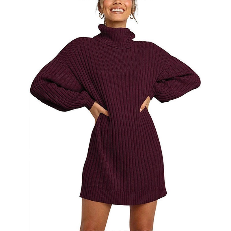 Women Turtleneck Ribbed Knitted Midi Sweater Dress Autumn Solid Color Lantern Long Sleeve Casual Elegant Tunic Dresses  Burgundy XL | Fruugo SG