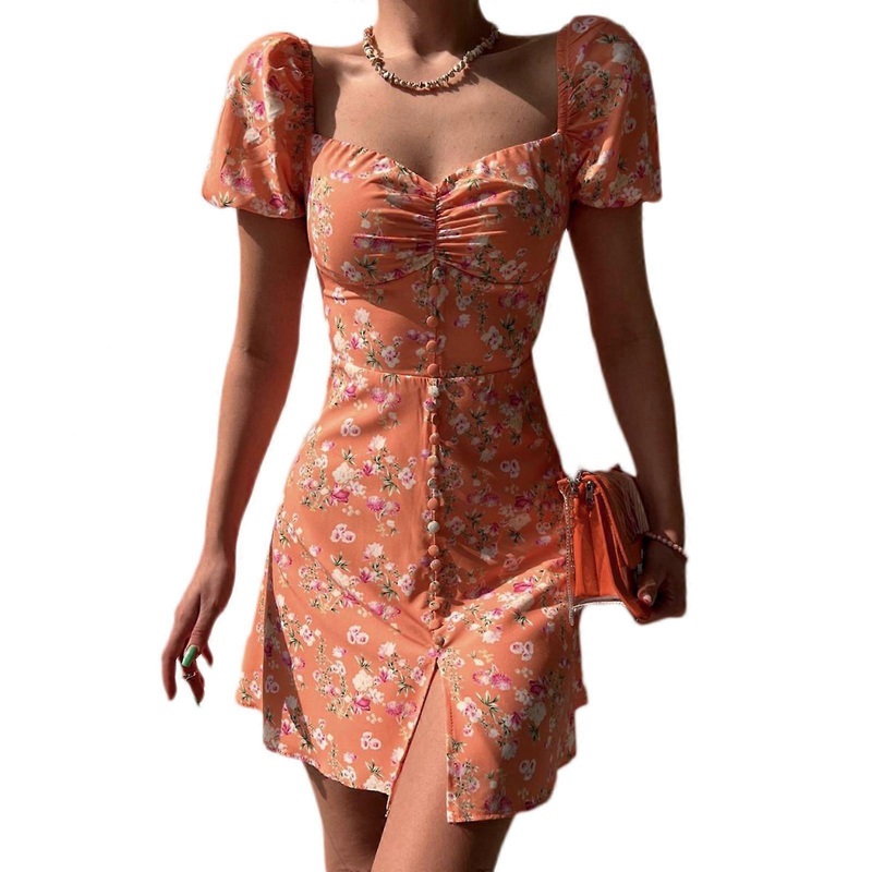 Women Vintage Floral Print Ruched V-Neck Button Up Split Mini Dress Puff Short Sleeve High Waist A-Line Slim-Fit Dress  orange XL | Fruugo SG