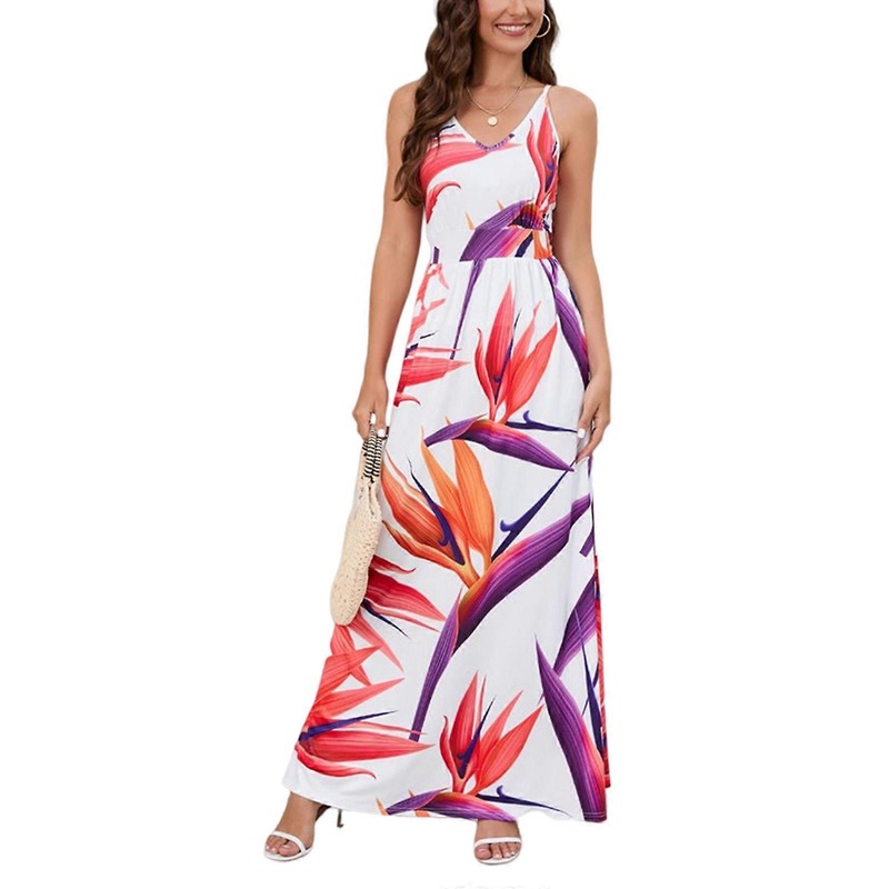 Womens Casual Summer Floral Long Maxi Dresses V-Neck Sleeveless Spaghetti Strap Dress Beach Party Club Cocktail Dress  White XL | Fruugo SG