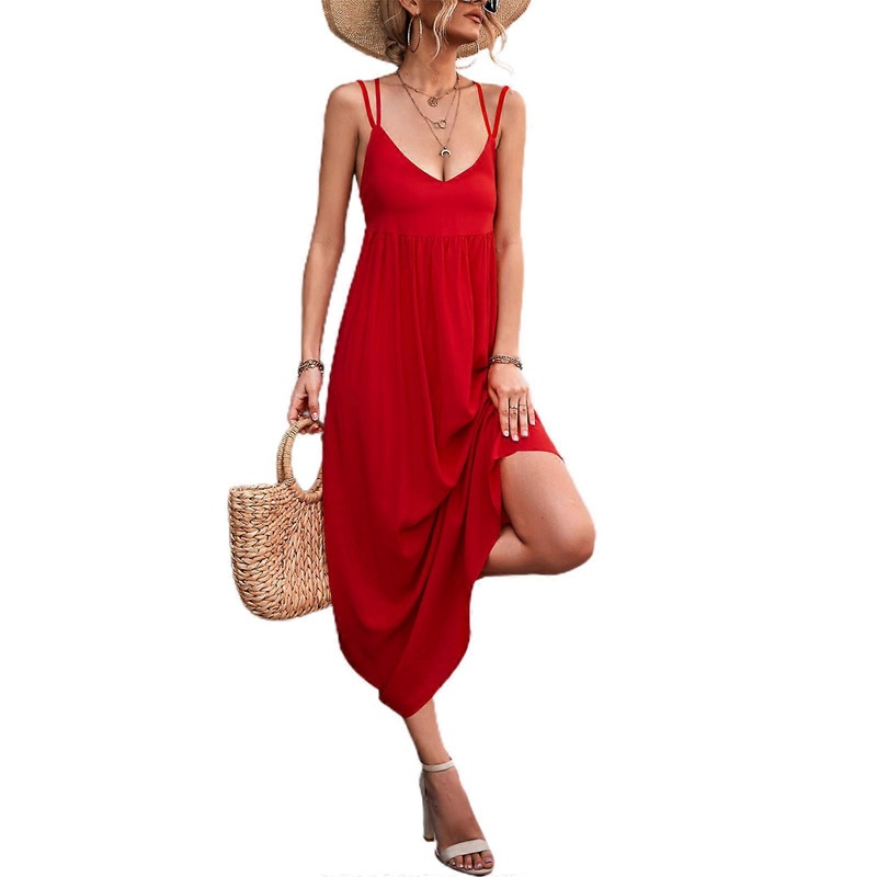 Womens Double Spaghetti Strap V-Neck Maxi-Long Cami Dress Sexy Lace-Up Strappy Backless Pleated A-Line Beach Dresses  Red XL | Fruugo SG