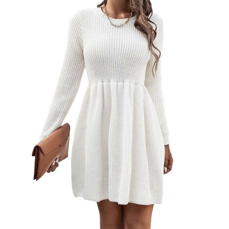 Womens Knitted Long Sleeve Dress Solid Color Crew Neck Midi Dress Autumn Winter Streetwear Y2K Clothes  White XL | Fruugo SG