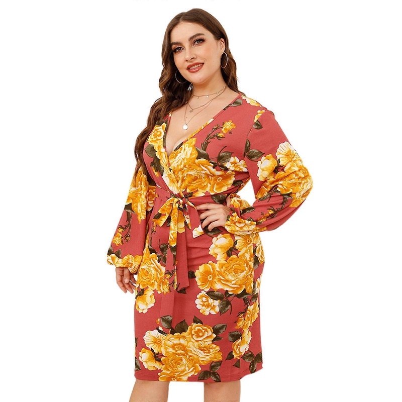 Womens Plus Size Puff Long Sleeve V Neck Wrap Floral Print Belted Waist Beach Party Midi Pencil Dress Cocktail Clubwear  Red XL | Fruugo SG