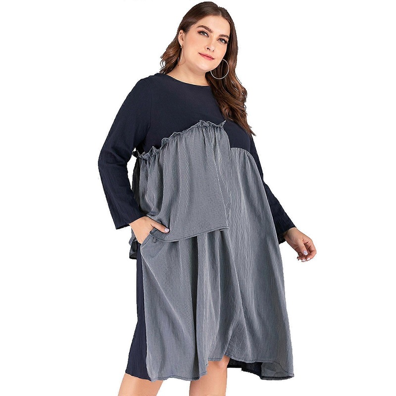 Womens Round Neck Midi Dress Asymmetric Stripes Printed Ruffles Patchwork Loose Long Sleeve Flared Swing Hem Sundress  Blue 5XL | Fruugo SG