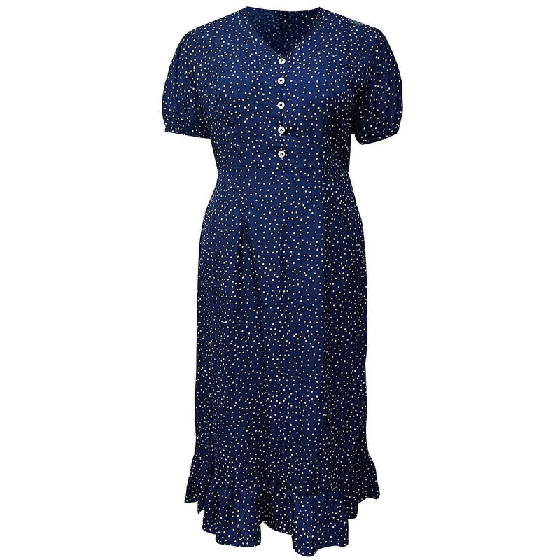 Womens Sexy V-Neck Maxi Dress Vintage Dots Printed Ankle Length Casual Puff Short Sleeve Ruffle Flare Swing Hem Sundress  Blue XL | Fruugo SG