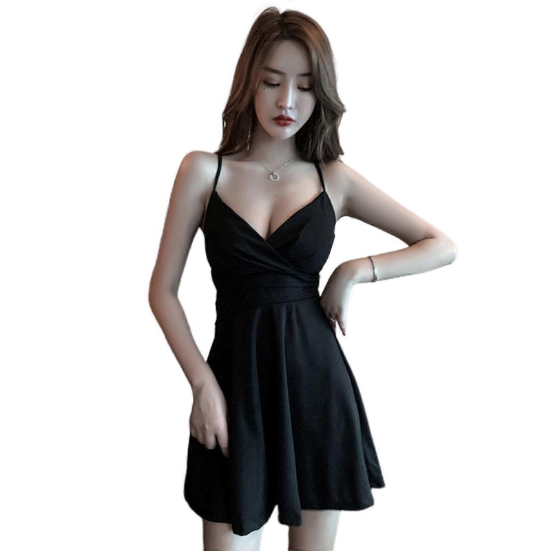 Womens Sexy V Neck Sleeveless Wrap Front Black Cami Mini Flare Dress Spaghetti Straps Empire Waist Pleated Clubwear | Fruugo SG