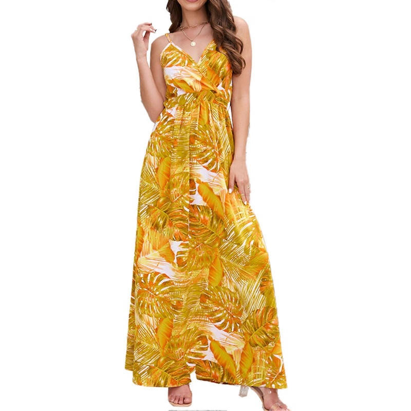 Womens Slip Dress Bohemian Style Spaghetti Strap V Neck High Waist Flower Prints Maxi Dress for Party Wedding Travel Yellow XXL_-sy_-sy | Fruugo SG