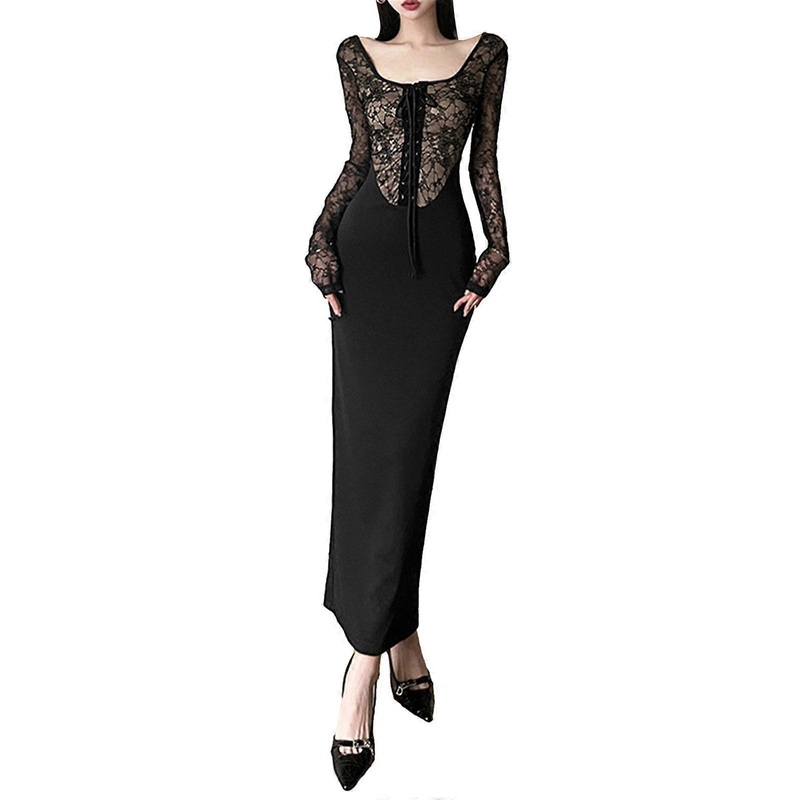 Womens Square Neck Lace-Up Front Long Sleeve Bodycon Maxi Dress Lace Splicing Pacakge Hip Back Split Party Club Dresses  Black S | Fruugo SG