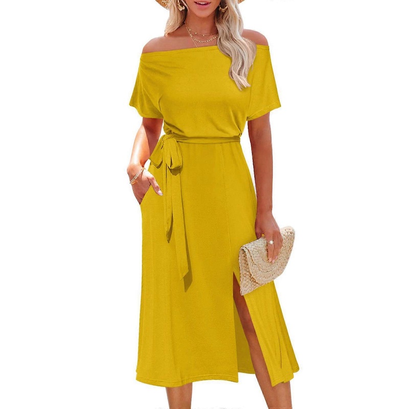 Womens Summer Short Sleeve Off Shoulder Belted Midi Long Dress with Pockets Solid Color Sexy Side Split A-Line Dresses  Yellow XL | Fruugo SG