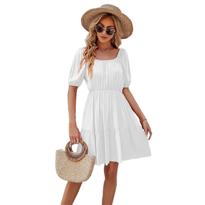 Womens Summer Square Neck Solid Color Ruffle Short Sleeve Mini Dress Casual Holiday Vestidos Sexy A-line Dress  White S | Fruugo SG