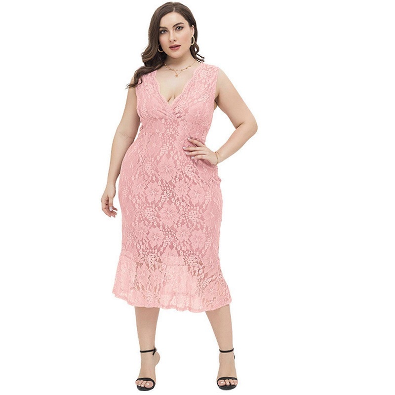 Womens V-Neck Midi Dress Solid Color Midi Length Cocktail Sleeveless Floral Lace Flared Ruffle Hem Elegant Sundress  Pink XL | Fruugo SG