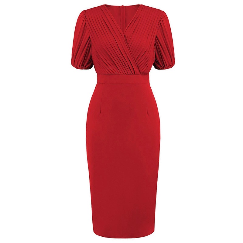 Womens Vintage Short Sleeve V Neck Wrap Pleated Pencil Midi Dress Pencil Cocktail Party Dresses  Red XL | Fruugo SG