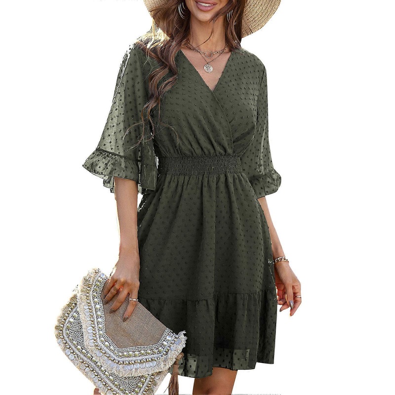 Wrap V Neck Dress Women Casual Lace Dot Half Bell Sleeve Elastic Waist Dress for Holiday Party OD Green M_-sy_-sy | Fruugo SG