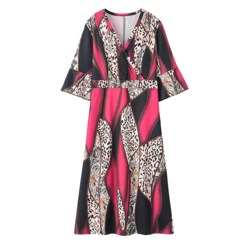 Wrap V-Neck Women Midi Dress Flared 3/4 Sleeve Empire High Waist Flowy Hem Contrast Color Leopard Print Loose Sundress  XL Pink | Fruugo SG
