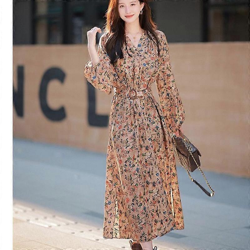 2024 New Spring and Fall Dress Long-sleeved V-neck Floral Maxi Dress Lantern Long-sleeved Loose Waisted Show Long Dresses | Fruugo SG
