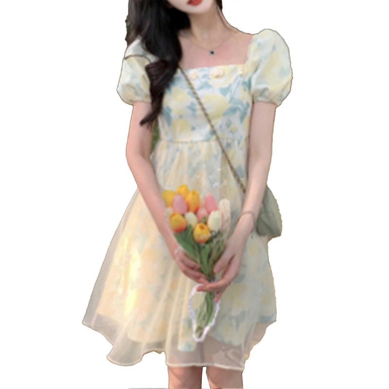 A Line Short Dress Puff Sleeve Floral Printed Elastic Collar Flowy Mesh A Line Mini Dress for Women | Fruugo SG