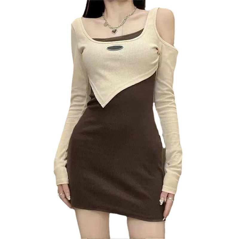 Cold Shoulder Bodycon Dress Elastic Long Sleeve Stretchy Slim Fit Women’s Dress for Dating Brown M_-sy_-sy | Fruugo SG