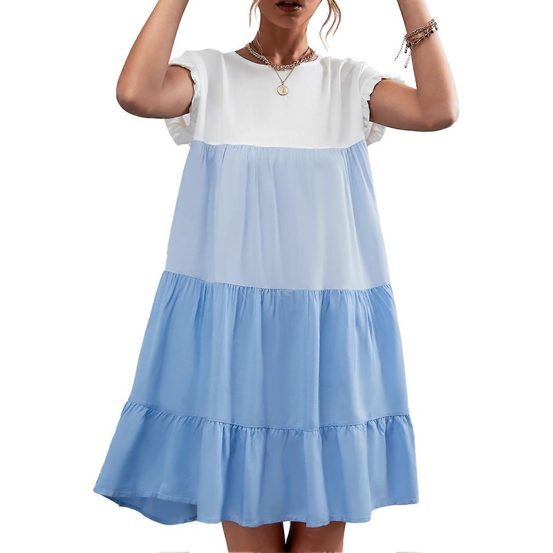 Contrast Color Splicing Dress Classic One Piece Dress with Ruffled Cuffs Machine Washable for Summer Blue L_-sy_-sy | Fruugo SG