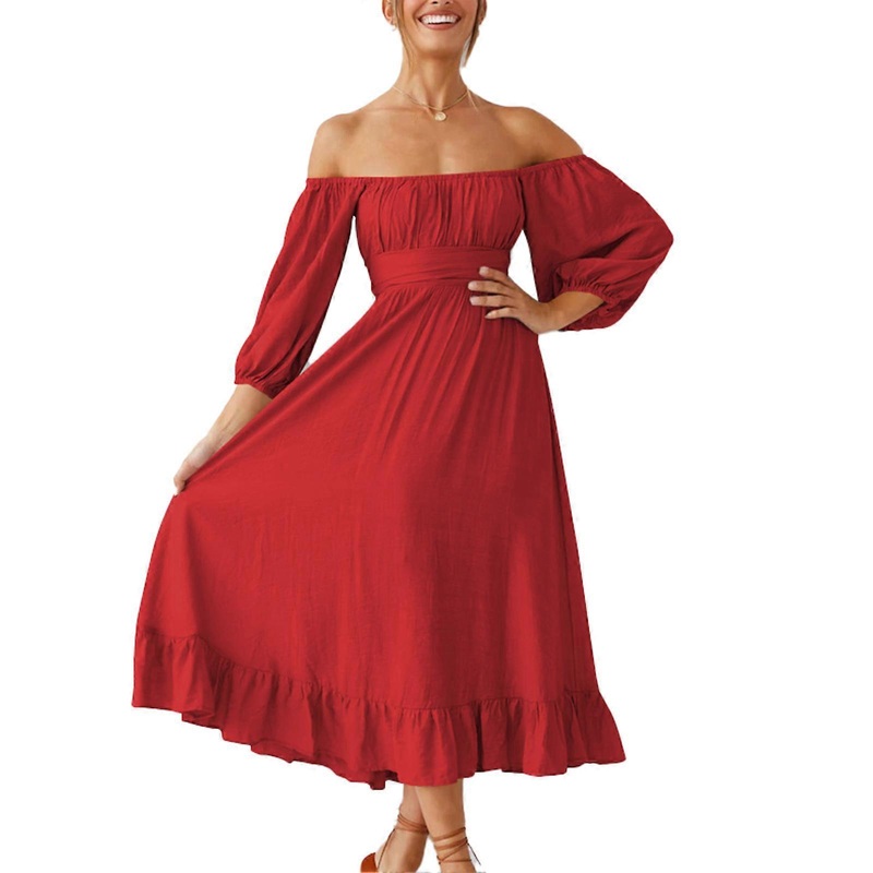 Dress Half Puff Sleeve Square Neck Backless Flounce Hem High Waist Dress for Women Bright Red M_-sy_-sy | Fruugo SG