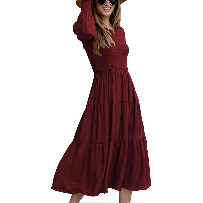 Dress Shirred Bust Cuff Plain Lantern Sleeves Stylish Comfortable Mid Length Women Dress Wine Red L_-sy_-sy | Fruugo SG