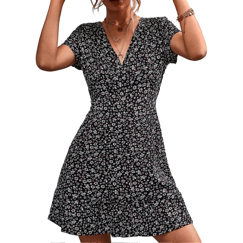 Dress Summer V Neck Fashionable Versatile Casual Print Ruffled Flowy Beach Short Dress Black Floral M_-sy_-sy | Fruugo SG