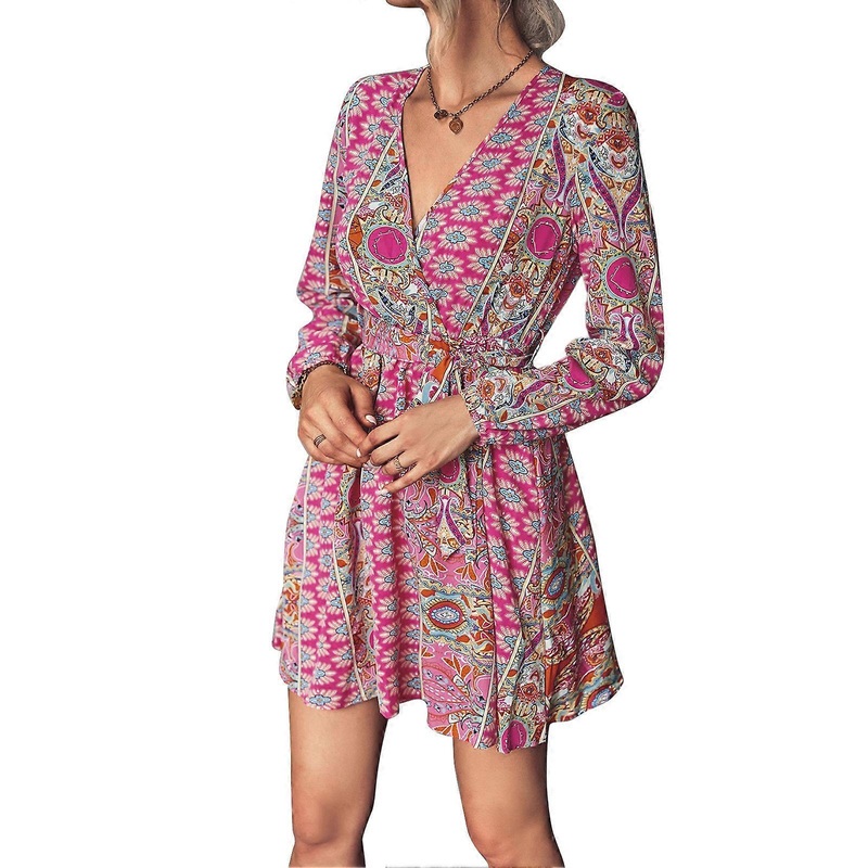 Dress V Neck Long Sleeve Floral Print Tie Waist Fashionable Casual Dress for Women Pink L_-sy_-sy | Fruugo SG