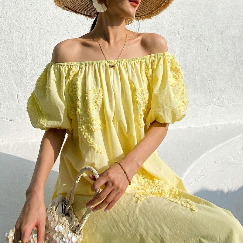 Embroidered Lemon Yellow Floral Off-shoulder Loose Fit Women’s Midi Dress 2024 Spring/Summer Vacation Beach Dress | Fruugo SG