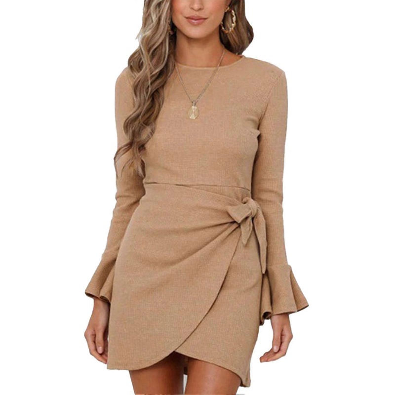 Flared Long Sleeve Bow Belted Dress Round Neck Slim Fit Bodycon Waffle Knit High Waist Midi Dress for Party Brown XL_-sy_-sy | Fruugo SG