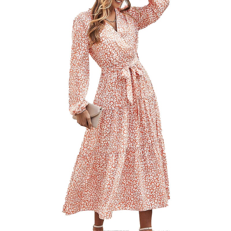Floral Long Sleeve Dress Wrap V Neck Swing Hem Belted High Waist Women’s Maxi Dress for Autumn Orange XL_-sy_-sy | Fruugo SG