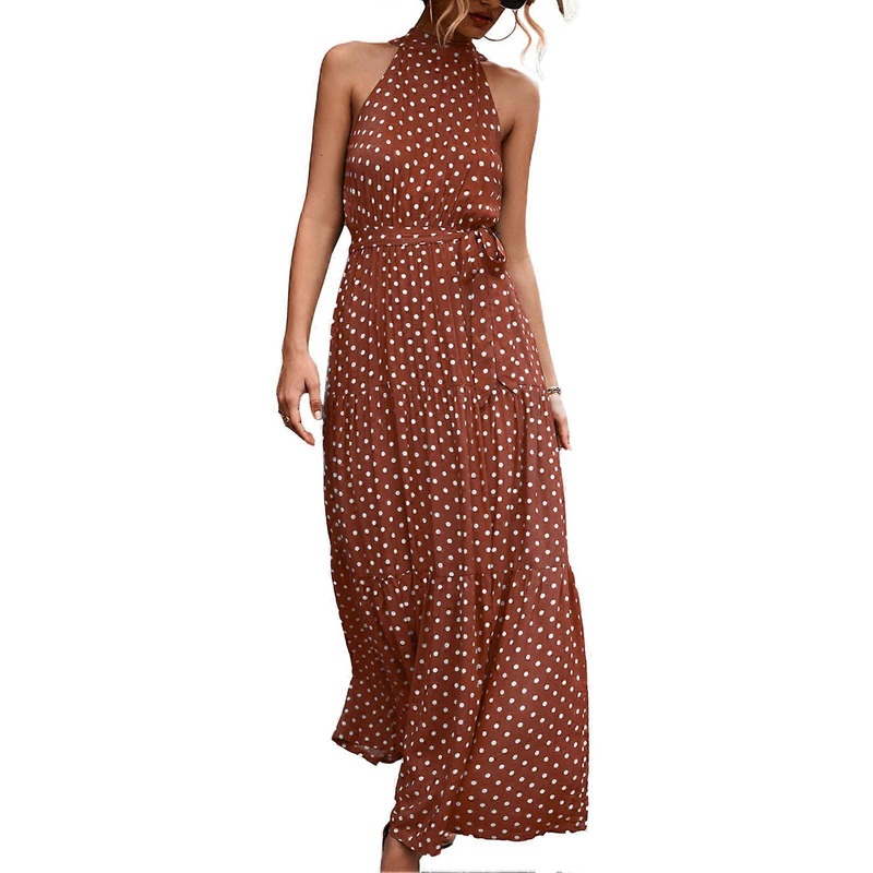 Halter Neck Long Dress Sleeveless Breathable Print Pattern Summer Long Dress for Women Coffee S_-sy_-sy | Fruugo SG