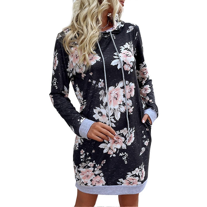 Hoodie Sweatshirt Dress Long Sleeve Stylish Floral Print Casual Hooded Drawstring Pullover Sweatshirt Dress Black L_-sy_-sy | Fruugo SG