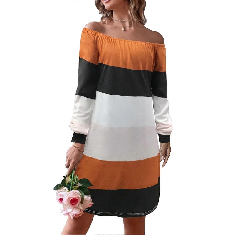 Horizontal Striped Long Sleeves Dress Tube Top Breathable Casual Soft Skin Friendly Woman Dress for Party Work Orange XL_-sy_-sy | Fruugo SG
