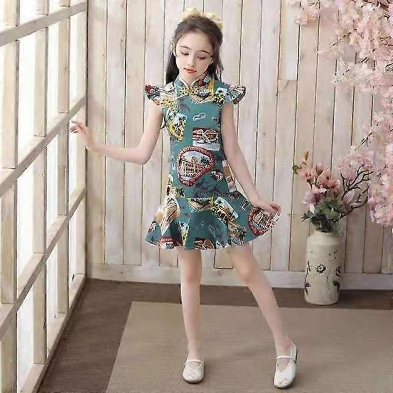 JWL-New Girls Cheongsam Dress  Baby Party Dresses Children Princess Short Sleeve Kids Summer Clothes Teenager Printed Dress | Fruugo SG