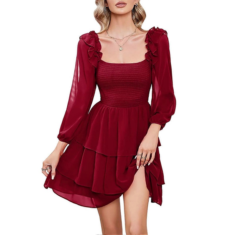 Layered Dress Square Neck Shirred Bust Slim Fit Elegant Comfortable Dress for Dinner Ball Dark Red M_-sy_-sy | Fruugo SG