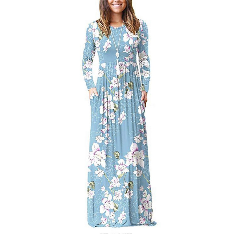 Long Dress Floral Pattern Long Sleeve Round Neck Gathered Waist Women Dress with Side Pockets Light Blue M_-sy_-sy | Fruugo SG