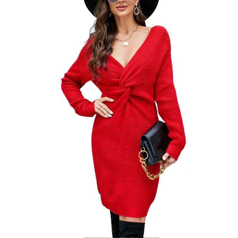 Long Sleeve Bodycon Sweater Dress Pure Color Close Fitting Long Sleeve Twist Knot Dress for Daily Wear Red L_-sy_-sy | Fruugo SG