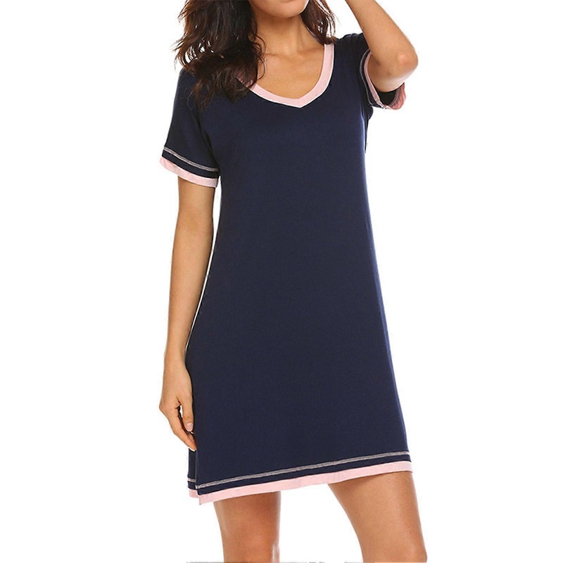 Night Shirts Short Sleeve V Neck Colour Blocking Casual Comfortable Pajamas for Women Navy Blue L_-sy_-sy | Fruugo SG
