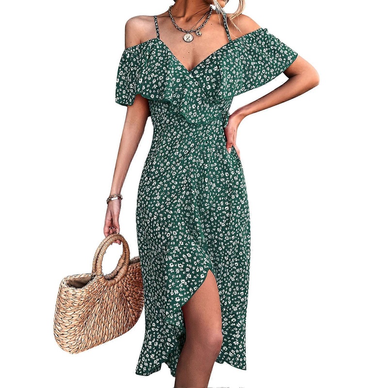Printed Dress V Neck Stylish Floral Ruffle Sleeves Belted Irregular Long Slip Dress Green M_-sy_-sy | Fruugo SG