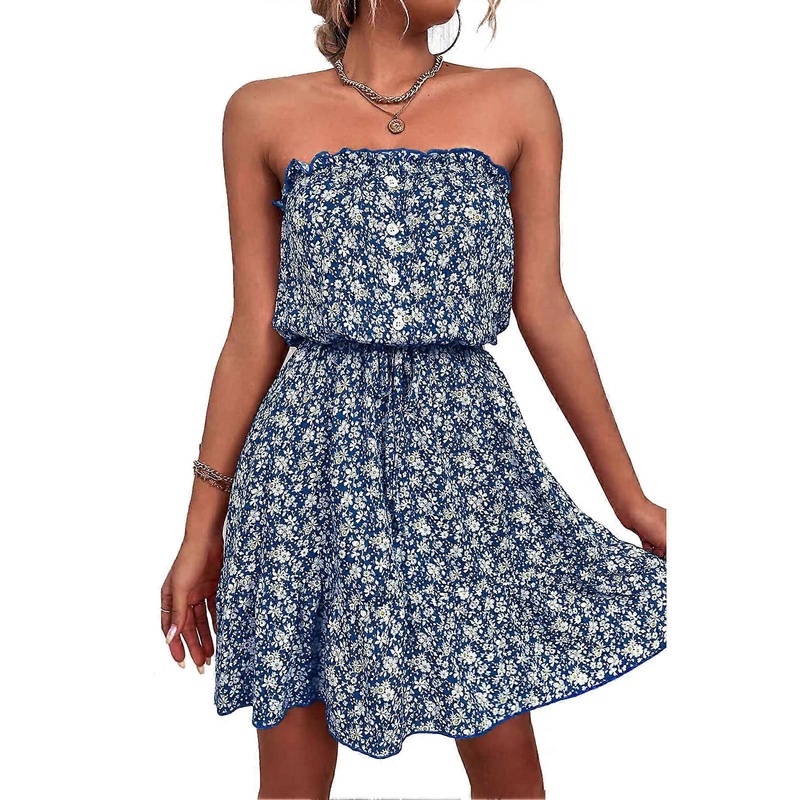 Strapless Off Shoulder Dress Women Summer Cute Fashionable Belted Floral Print Dress for Dating Party Blue L_-sy_-sy | Fruugo SG